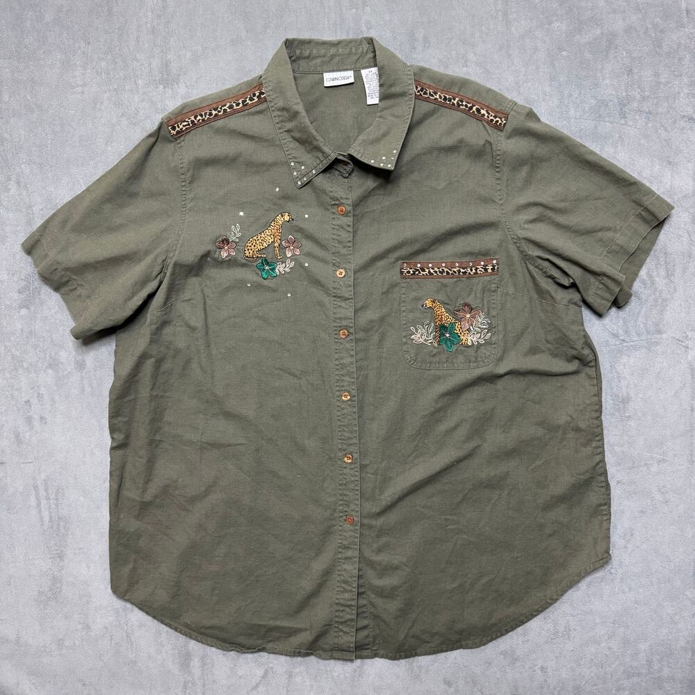 Vintage Cabin Creek Linen Blend Safari Shirt with Leopard Embroidery Size 3x
